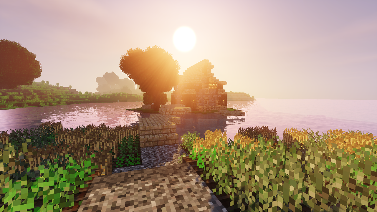 Minecraft - casă la apus, lângă apă
